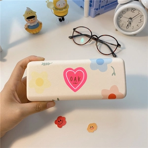 Cute Korean floral eyeglass case in matte cream with colorful flower and heart patterns