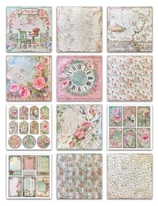 Detail showing 12 vintage scrapbooking papers with floral, bird and clock motifs