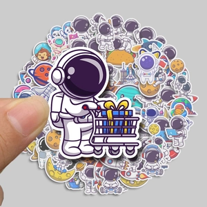 Cartoon astronaut sticker set with rockets and planets for laptop and luggage decor