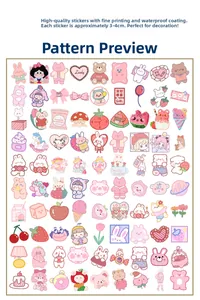 Detail of pink cartoon stickers featuring rabbits and bears for water bottles and phone cases