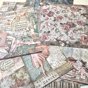 Vintage ballerina scrapbook paper with floral motifs, sheet music, and piano keys designs