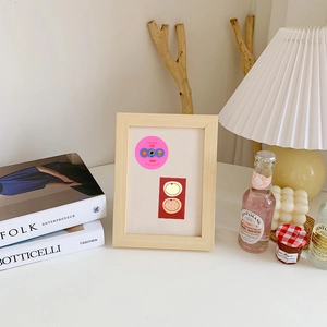 Minimalist wooden photo frame with cute cartoon stickers for desk and home decor