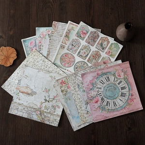 Vintage rose garden themed scrapbooking paper set with clocks and floral designs