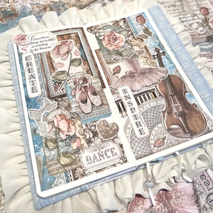 Vintage ballet theme junk journal papers with rose, violin, and piano illustrations