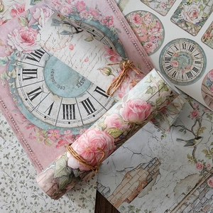 Vintage scrapbooking paper set with roses and clock designs for journals and DIY crafts