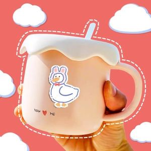 Pink ceramic bear rabbit mug with melting cream lid and spoon for cute desk decor