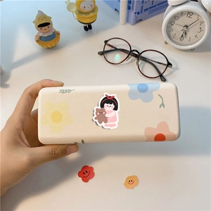 Cute cream glasses case with flower patterns and cartoon girl hugging a brown bear
