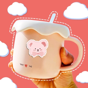 Cute pink ceramic straw cup with bear pattern and wave-shaped lid for daily use