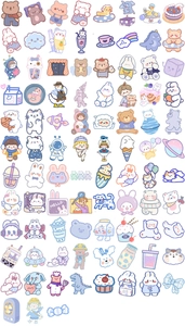 Close-up of cute cartoon bear and rabbit waterproof stickers for phone cases and cups