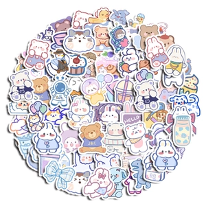 Detail of waterproof cute bear and rabbit stickers with pastel colors for phone cases