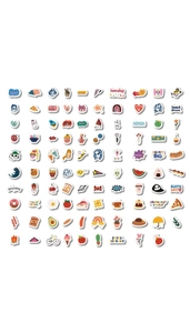 Detailed 10x10 grid layout of 100 colorful cartoon doodle stickers for DIY journals