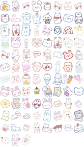 Flat lay showing 80 unique hand-drawn cute animal and girl stickers for DIY journals