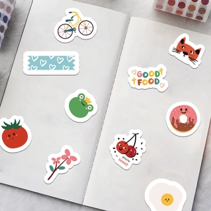Cute cartoon graffiti stickers set with food and animal motifs for DIY journaling decoration