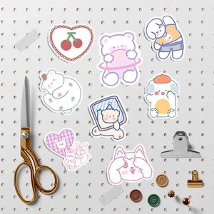 Cute cartoon stickers set for journaling featuring bears and bunnies on white pegboard