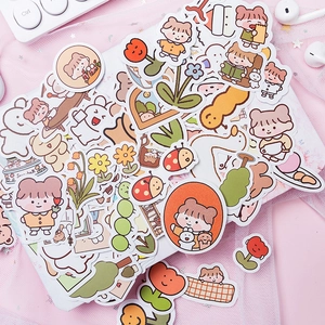 Cute Korean style stickers set featuring girls, bunnies, and flowers for scrapbooking