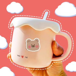 Pink ceramic bear mug with 3D wave lid and spoon for cute coffee time decoration