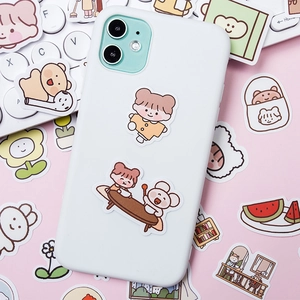 Cute Korean style cartoon stickers with bears and girls on phone case and keyboard