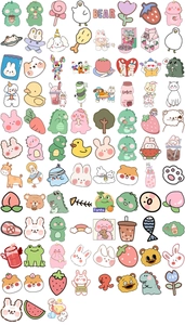 Detailed view of 90 cute cartoon stickers with animals and fruit for journaling decoration