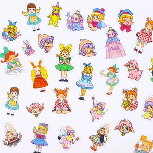 Cute retro cartoon stickers set for DIY scrapbooking with diverse girl and animal motifs
