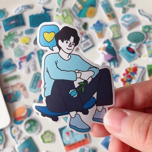 Creative blue illustrated cartoon stickers featuring a boy on a skateboard for journaling