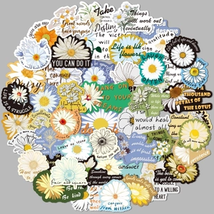 50 pieces of daisy flower stickers with motivational English quotes for laptops and water bottles