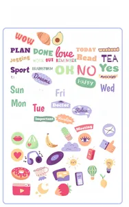 Detail of creative waterproof cartoon stickers with English words for DIY scrapbooking