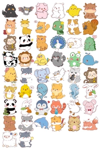 Detailed sheet of 50 cute cartoon animal stickers in soft pastel colors for DIY decor
