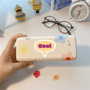 Floral hardshell glasses case in beige with Cool text and colorful flowers design