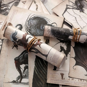 Vintage Cthulhu mythos illustration scrolls with retro dark fantasy monster artwork