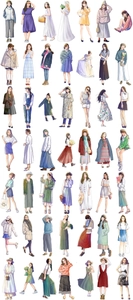 Detailed view of hand-drawn female fashion stickers for scrapbooking and decoration
