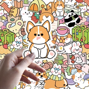 Adorable 50-piece animal sticker pack featuring cartoon dogs, rabbits, and pandas for scrapbooking