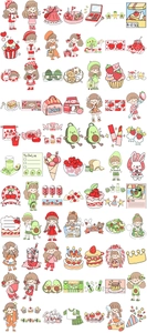 Detailed view of hand-drawn waterproof stickers with cute girl and food patterns