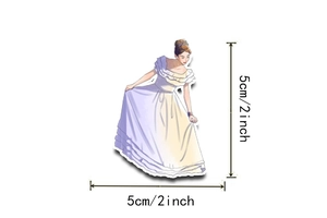Close-up of vintage lady sticker showing the 5cm by 5cm dimension and die-cut edge