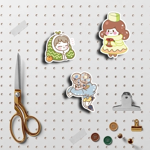 Set of 80 cute cartoon girl stickers for DIY journaling on white pegboard