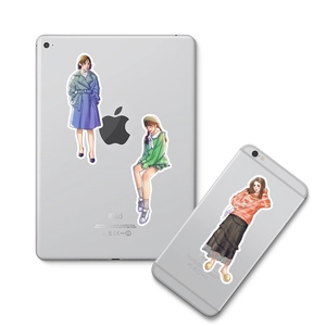 Cute cartoon urban girl stickers on tablet and phone for creative diary decoration