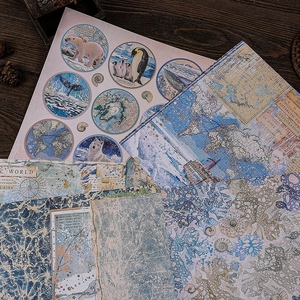 Detailed view of polar expedition theme scrapbooking paper with map and animal motifs