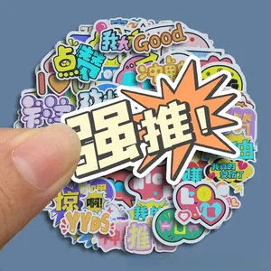 Close-up of vibrant pop-art cartoon stickers with trendy slogans for scrapbooking