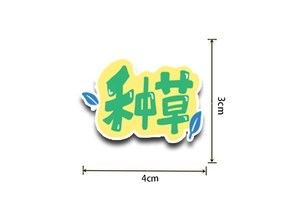 Detail shot of cute cartoon cloud sticker with green text and 3cm by 4cm size markers