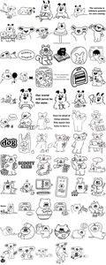Detailed sheet of black and white cartoon dog stickers with minimalist hand-drawn illustrations