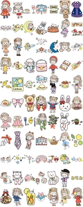 Macro view of hand-drawn girl stickers with animals and desserts in macaron colors