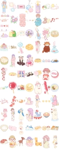 Close-up of cute cartoon girl stickers with panda and food motifs in pastel colors