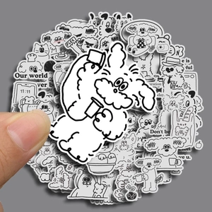 70Pcs set of cute black and white dog stickers with hand-drawn cartoon animal motifs