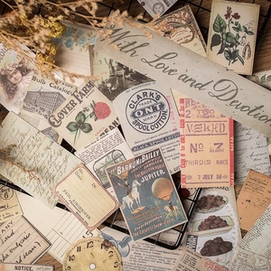 Vintage junk journal scrapbooking kit with distressed aged paper and retro stickers