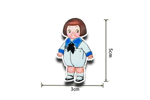 Detail view of cute cartoon boy sticker with 5cm height and 3cm width dimensions