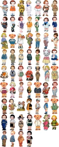 Detailed view of 60 vintage paper doll stickers with diverse retro character outfits