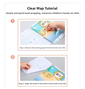 Detail of self-adhesive book cover film with grid lines and step-by-step application guide