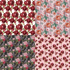 Floral scrapbooking paper featuring four vintage rose patterns and botanical backgrounds