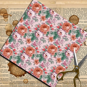 Vintage floral scrapbooking paper with red roses and scissors on antique French newspaper