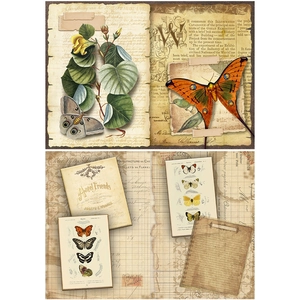 Close-up of vintage butterfly scrapbooking stickers and botanical collage papers