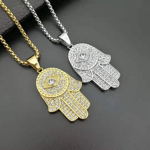 Hiphop Stainless Steel Hamsa Hand Evil Eye Pendant Necklace Pave Rhinestone Amulet Fatima Hand Jewelry For Men Women